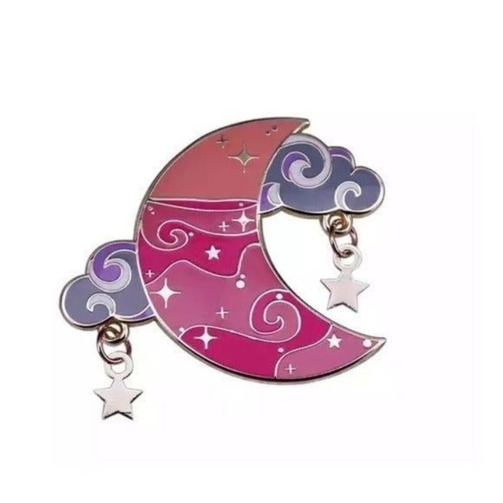 Moon & Stars enamel pin dangle clouds pink sky flair